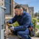 HVAC contractor inspecting an air conditioning unit outside a suburban home on a sunny day.