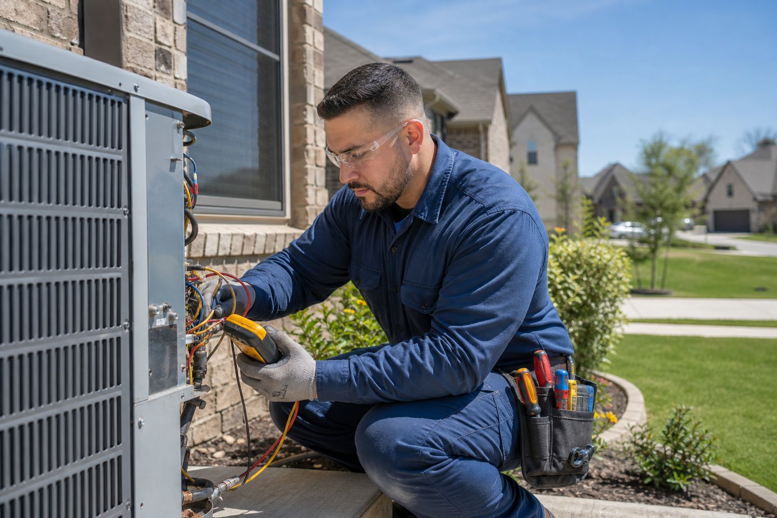HVAC contractor inspecting an air conditioning unit outside a suburban home on a sunny day.