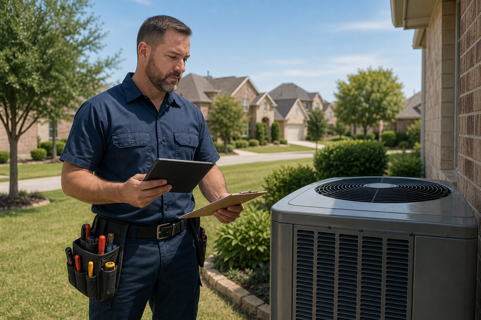 An HVAC contractor inspecting an outdoor air conditioning unit near a suburban house.