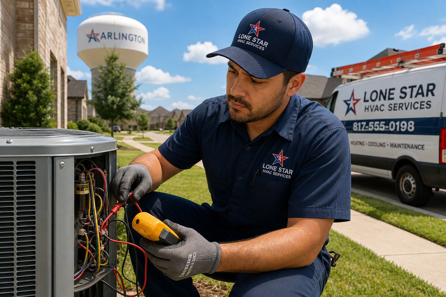 An HVAC technician repairing an air conditioning unit outside a house in a suburban neighborhood.