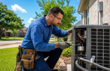 An HVAC technician repairing an outdoor air conditioning unit at a residential home in Arlington, Texas.