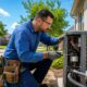 An HVAC technician repairing an outdoor air conditioning unit at a residential home in Arlington, Texas.