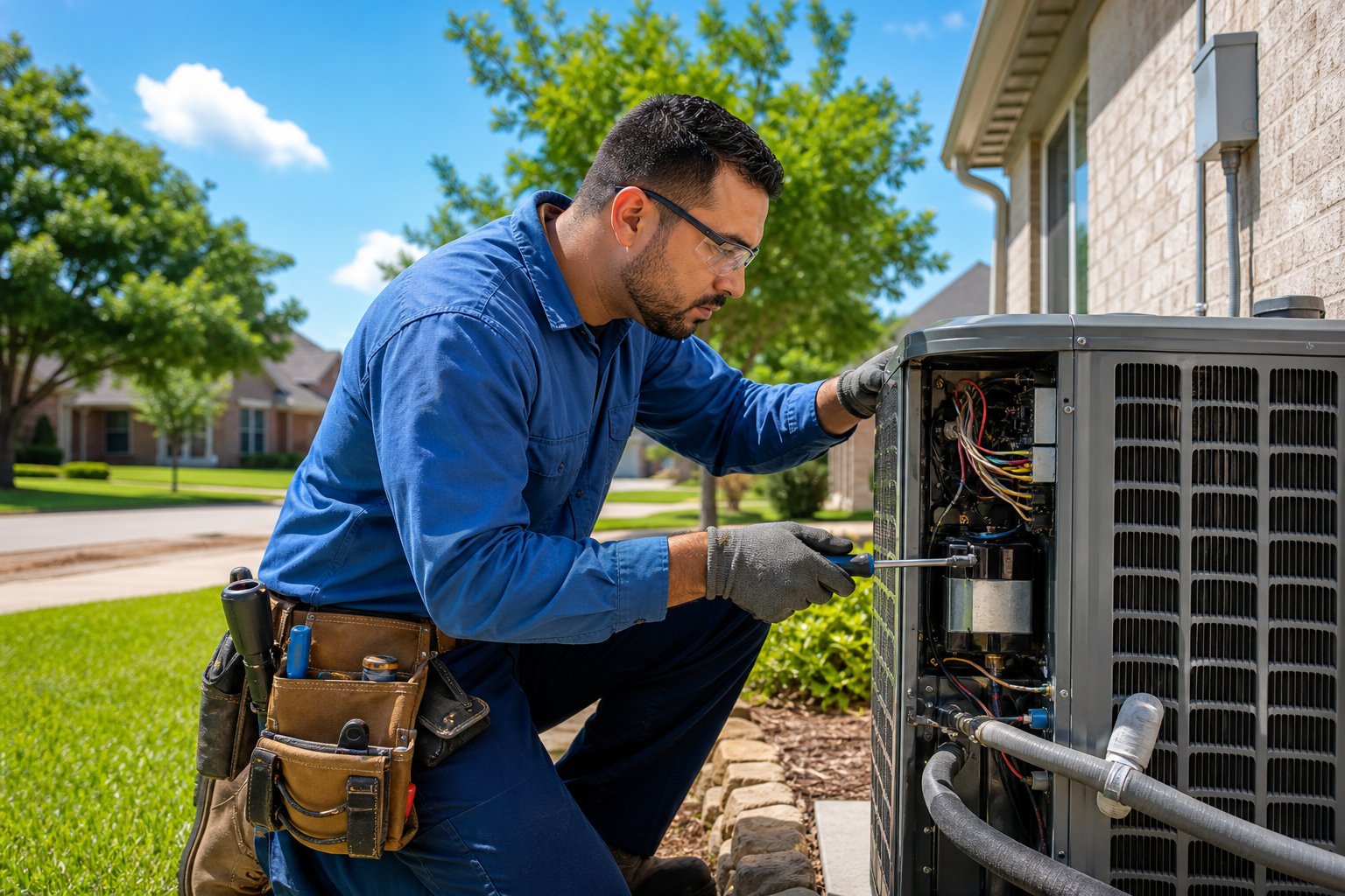 An HVAC technician repairing an outdoor air conditioning unit at a residential home in Arlington, Texas.
