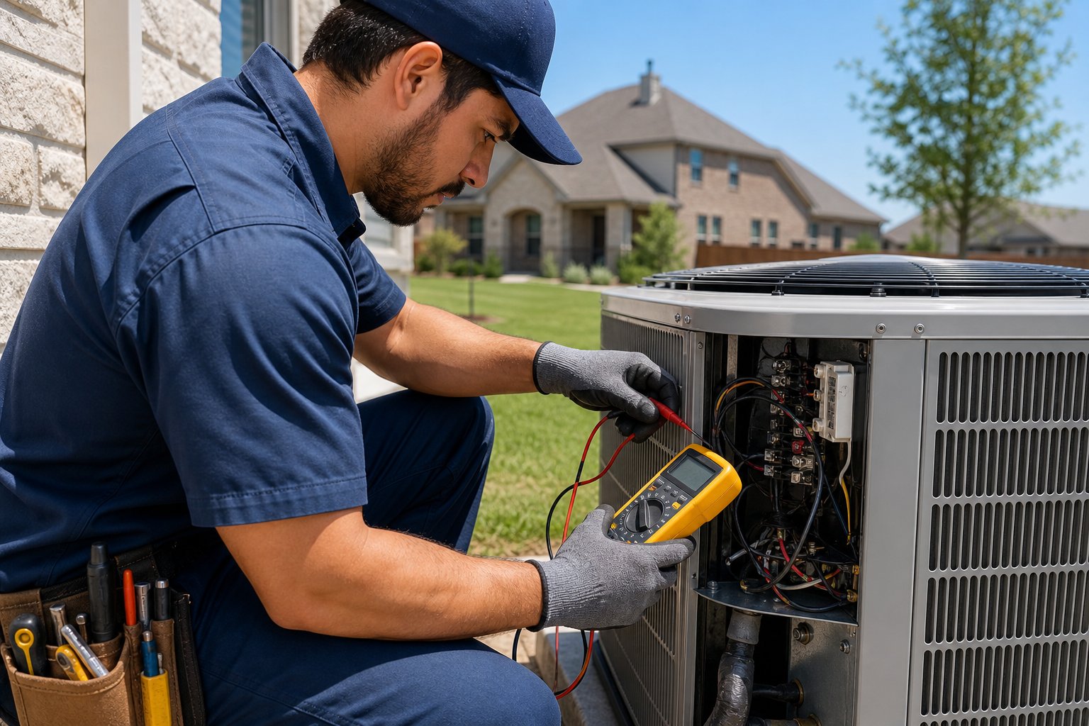 HVAC technician inspecting an air conditioning unit outside a suburban home on a sunny day.