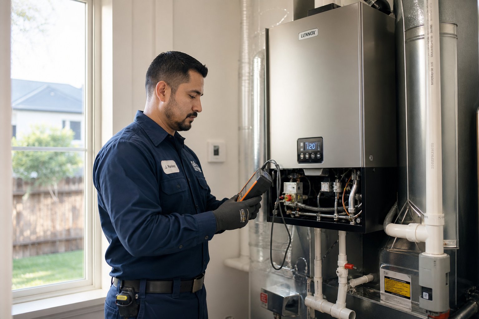 HVAC technician inspecting a heating system inside a residential utility room.