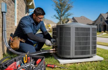 An HVAC technician installing an air conditioning unit outside a residential home in a sunny suburban neighborhood.