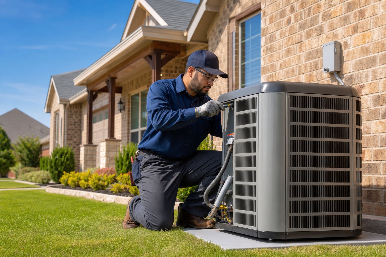 An HVAC technician installing an air conditioning unit outside a suburban home in Arlington, Texas.