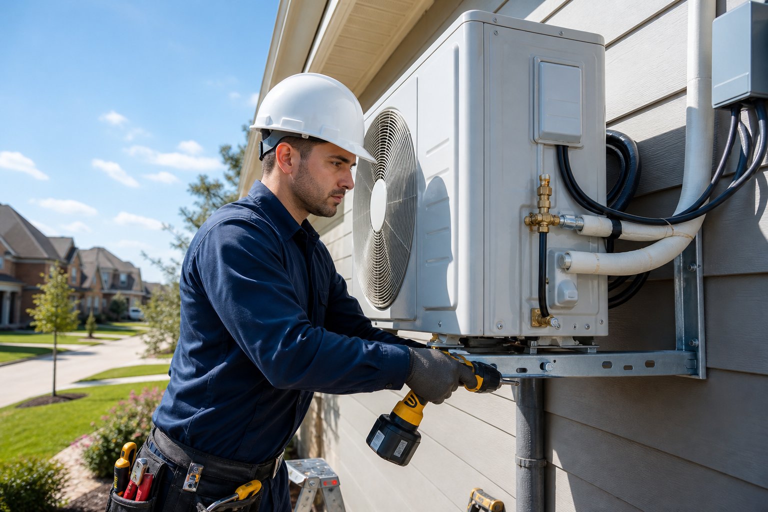 A technician installing an HVAC unit on the exterior wall of a house in a sunny suburban neighborhood.