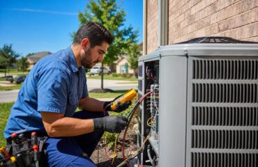 HVAC technician repairing an air conditioning unit outside a house in a sunny suburban neighborhood.