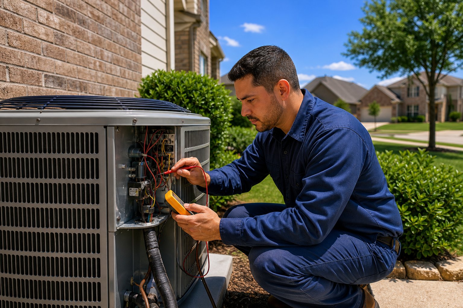 An HVAC technician repairing an air conditioning unit outside a suburban home in Arlington, Texas on a sunny day.