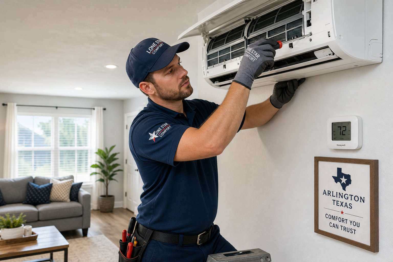 A technician installing or repairing an air conditioning unit inside a modern home.