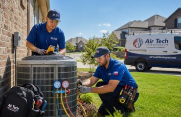 Two HVAC technicians working on an air conditioning unit outside a house in a sunny suburban neighborhood.