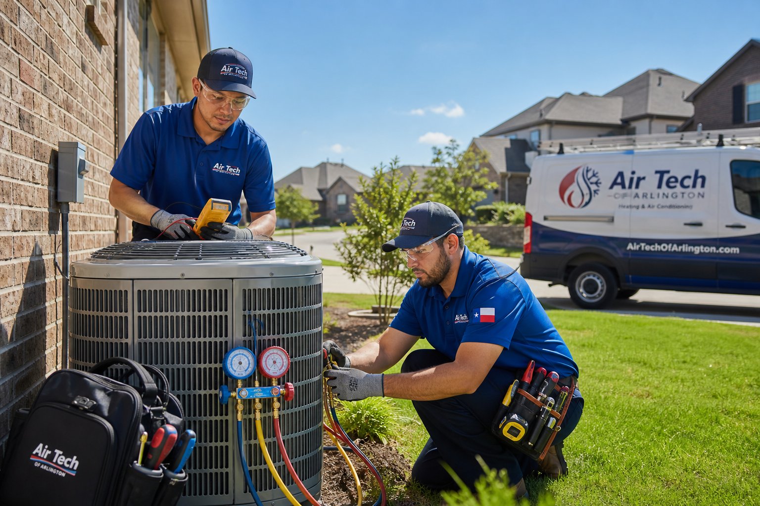 Two HVAC technicians working on an air conditioning unit outside a house in a sunny suburban neighborhood.