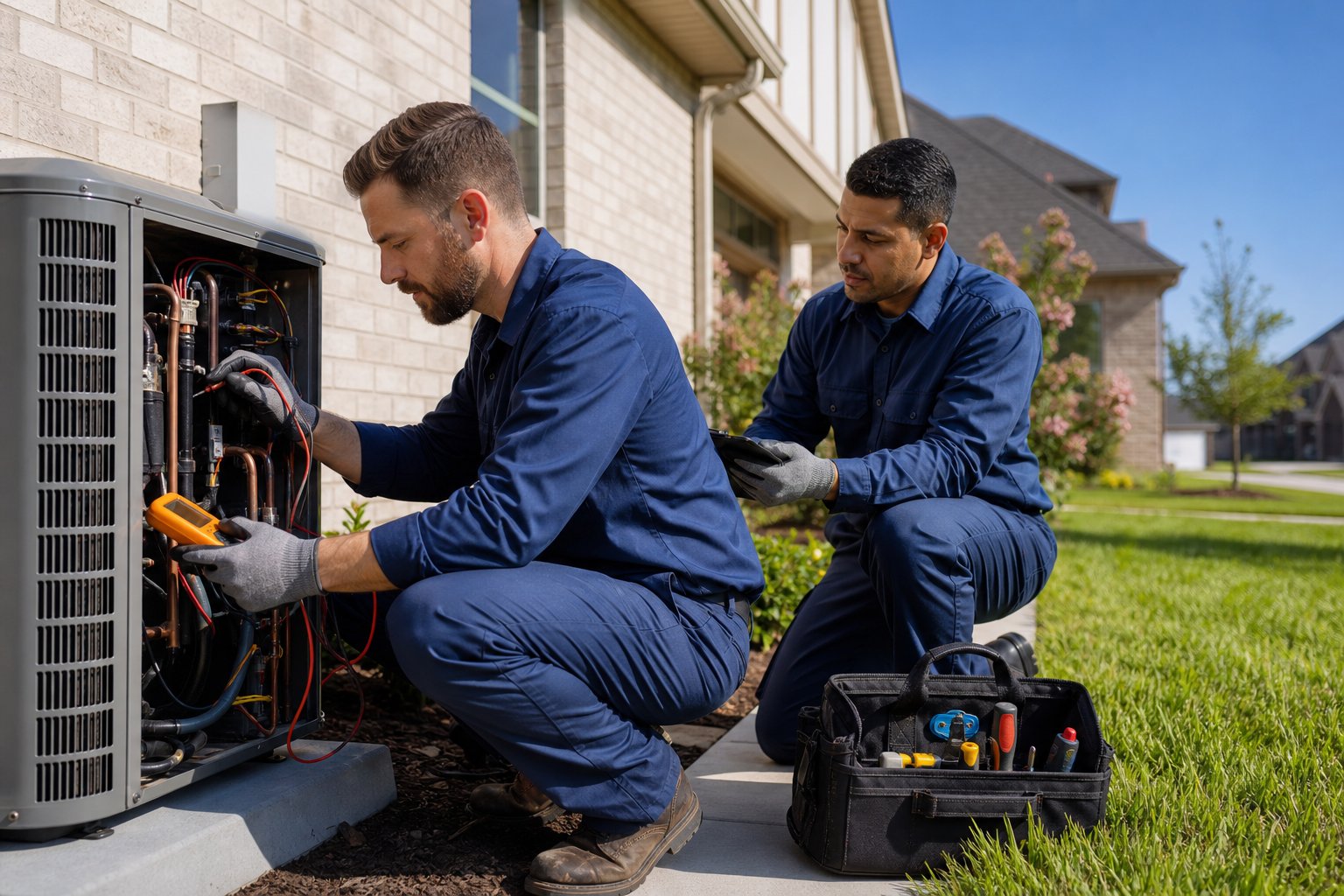Two HVAC technicians repairing an outdoor air conditioning unit at a residential home.