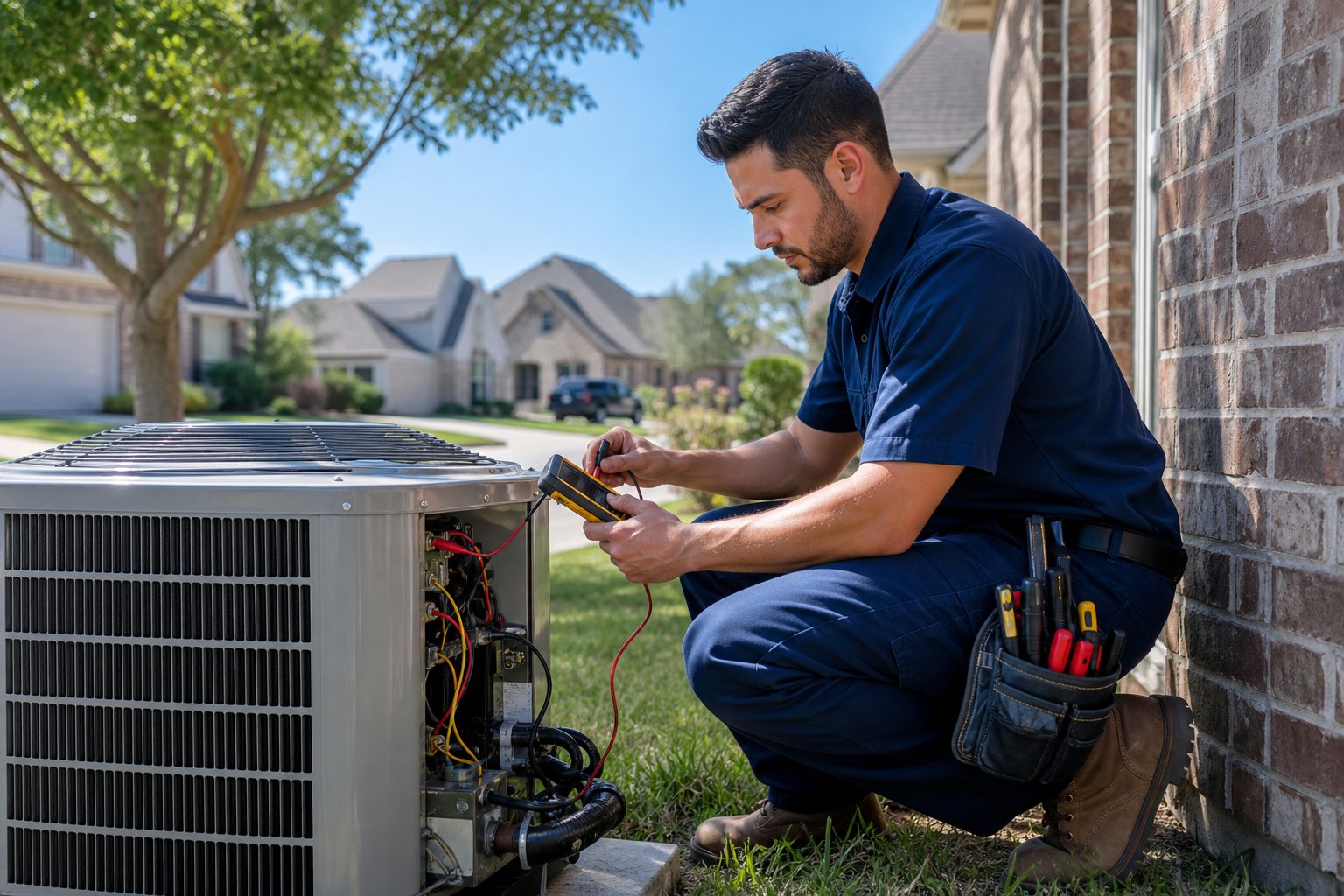 An HVAC technician inspecting an outdoor air conditioning unit at a residential home in a suburban neighborhood.