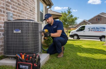 A technician installing a new HVAC unit outside a house in a sunny suburban neighborhood.