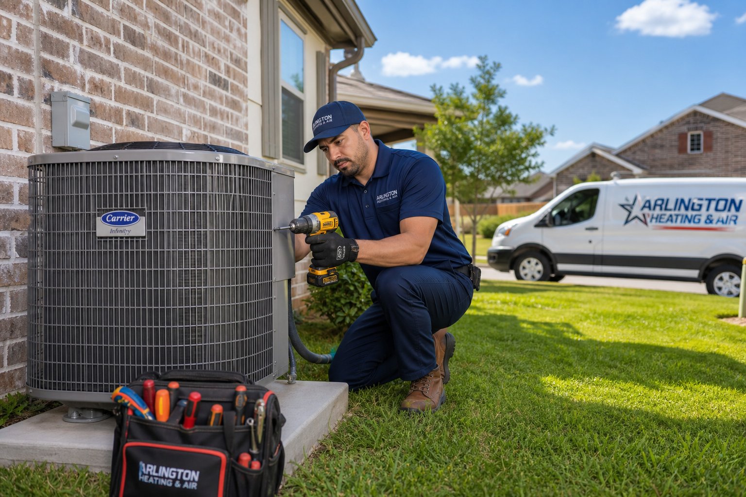 A technician installing a new HVAC unit outside a house in a sunny suburban neighborhood.