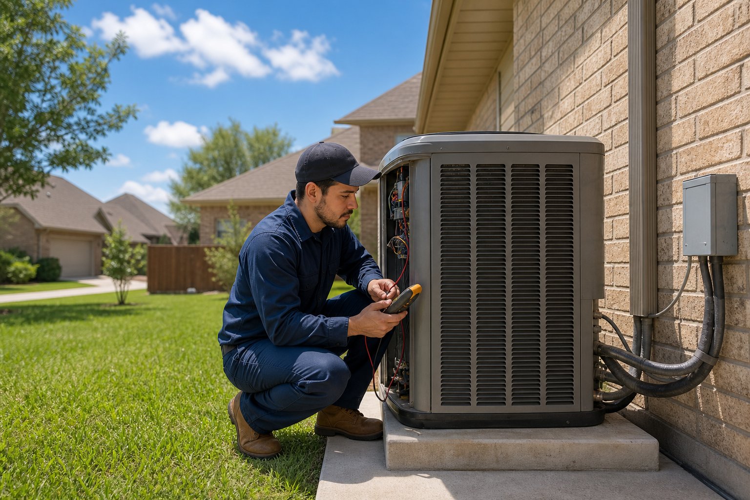 Technician inspecting an outdoor air conditioning unit outside a suburban home on a sunny day.