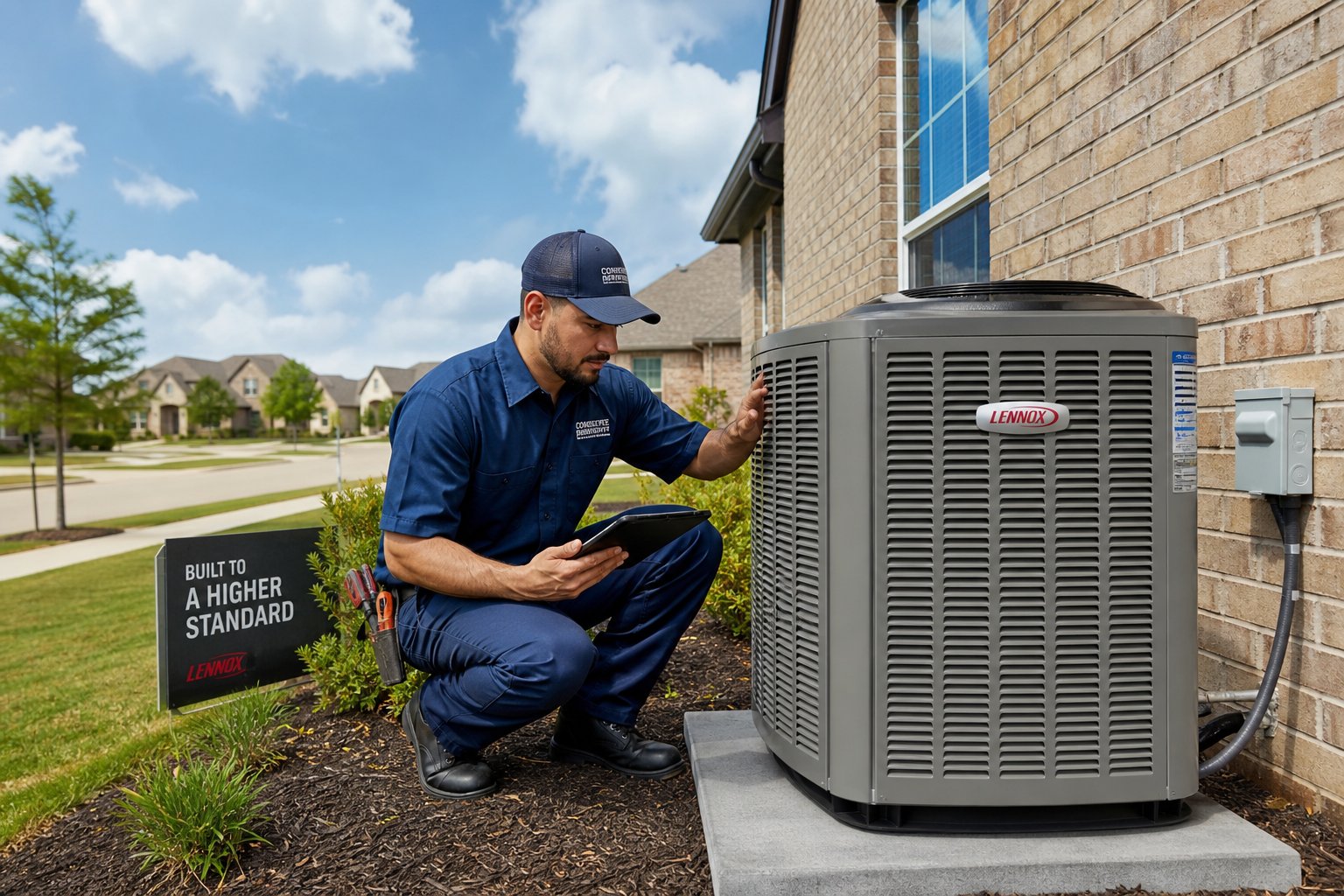 Technician inspecting an HVAC unit outside a suburban house in Arlington, Texas.