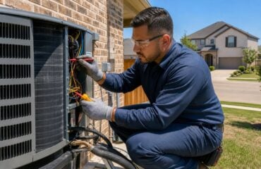 An HVAC technician repairing an outdoor air conditioning unit on a residential building in a sunny suburban neighborhood.