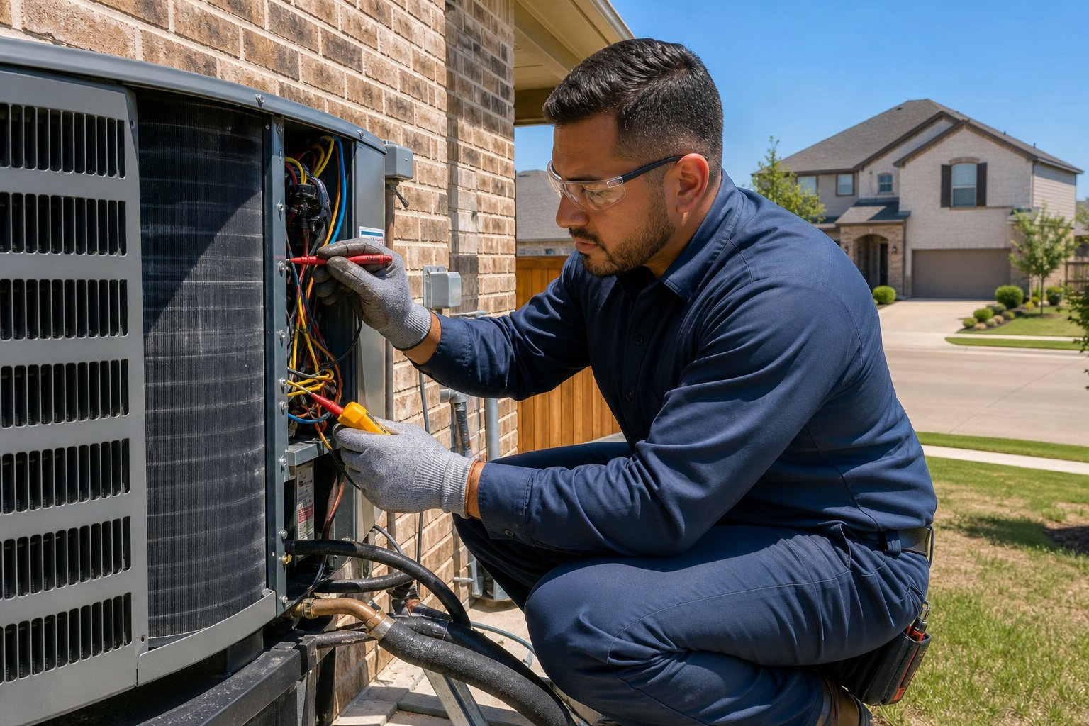An HVAC technician repairing an outdoor air conditioning unit on a residential building in a sunny suburban neighborhood.