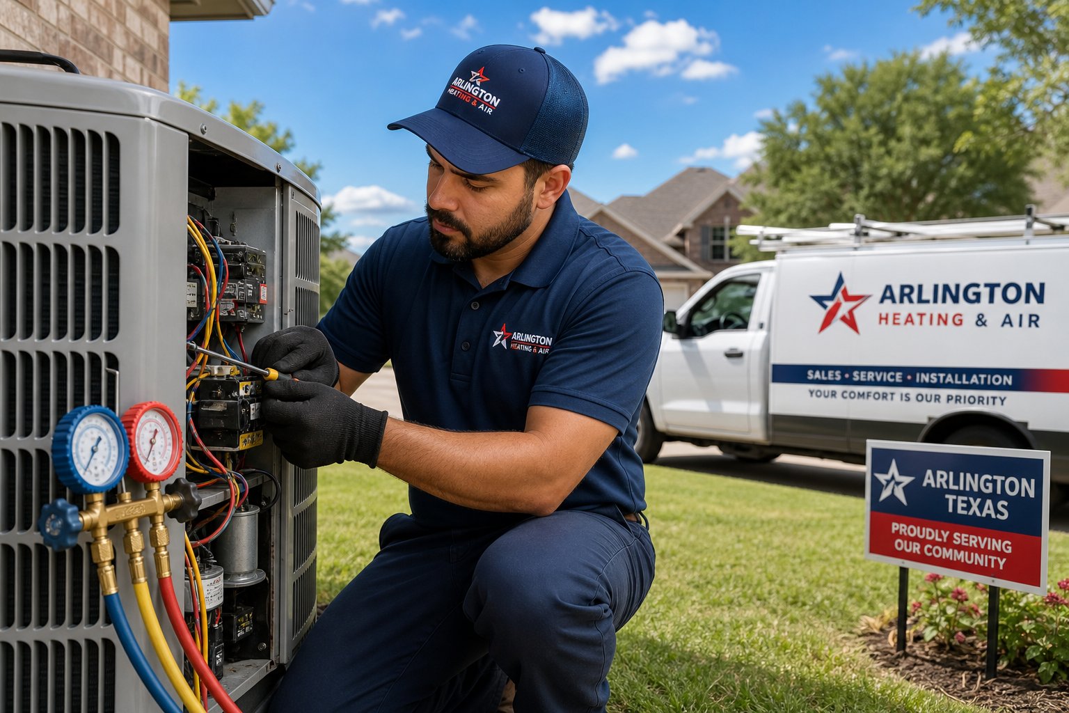 HVAC technician repairing an air conditioning unit outside a house.
