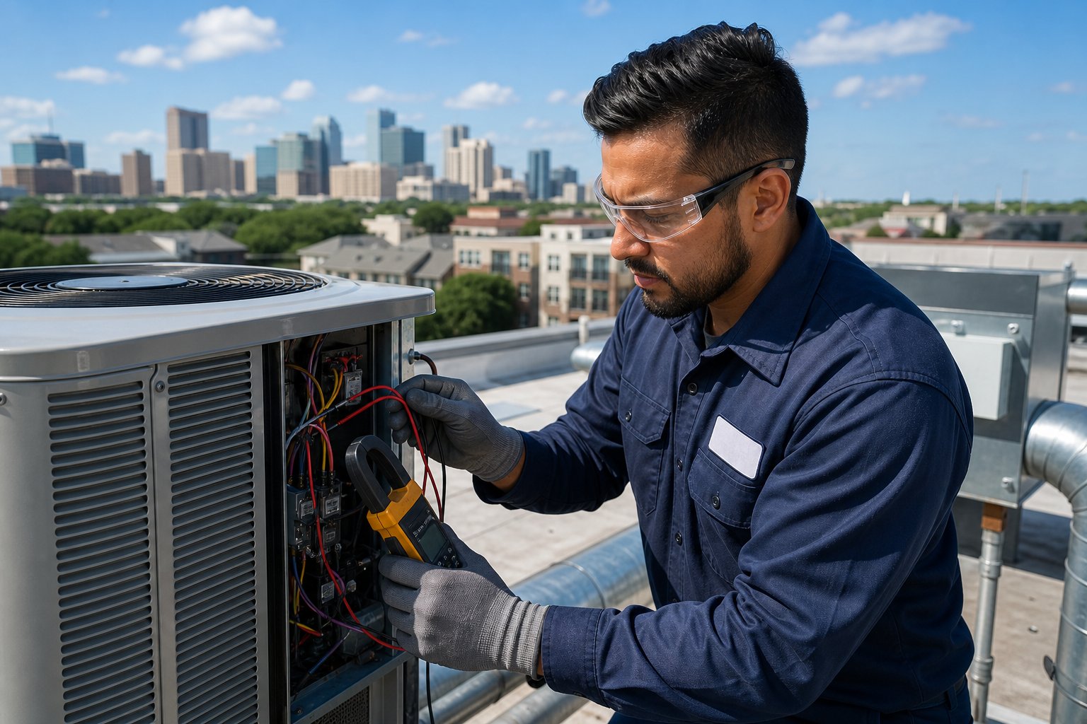 An HVAC technician inspecting and repairing an air conditioning unit outdoors in a residential or commercial setting.