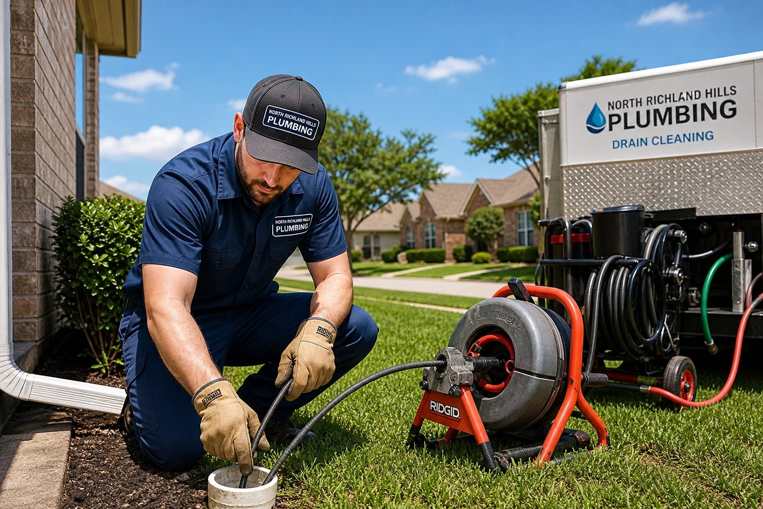 A plumber cleaning a drain outside a suburban home in North Richland Hills, Texas.