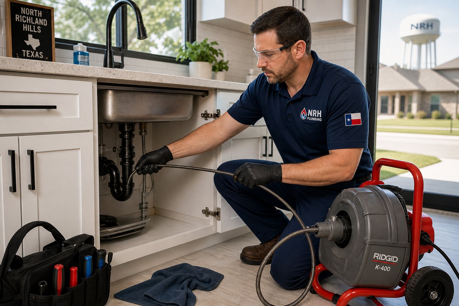 A plumber inspecting and cleaning a residential kitchen drain using professional equipment.