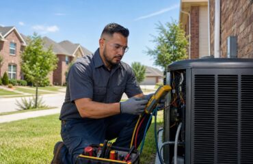 An HVAC technician inspecting an air conditioning unit outside a house in a sunny suburban neighborhood.