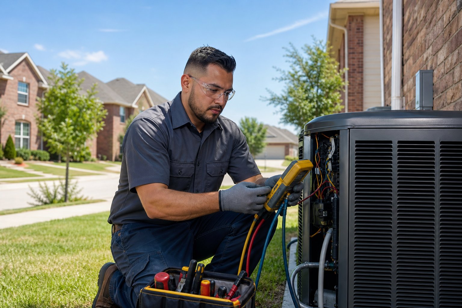 An HVAC technician inspecting an air conditioning unit outside a house in a sunny suburban neighborhood.