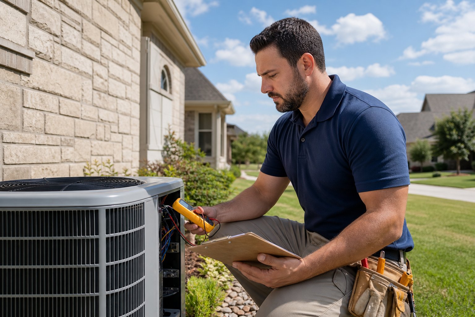 An HVAC contractor inspecting an air conditioning unit outside a suburban house on a sunny day.
