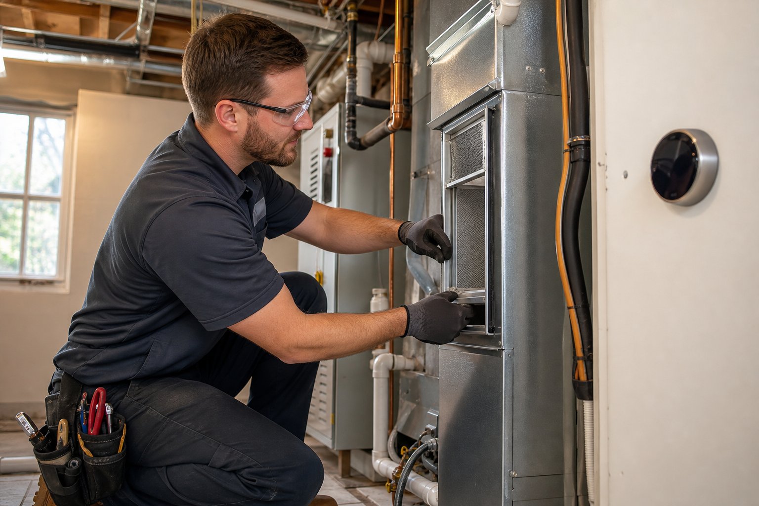 HVAC technician installing a heating and cooling system inside a residential home.