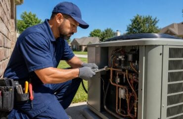 HVAC technician repairing an air conditioning unit outside a suburban home on a clear day.