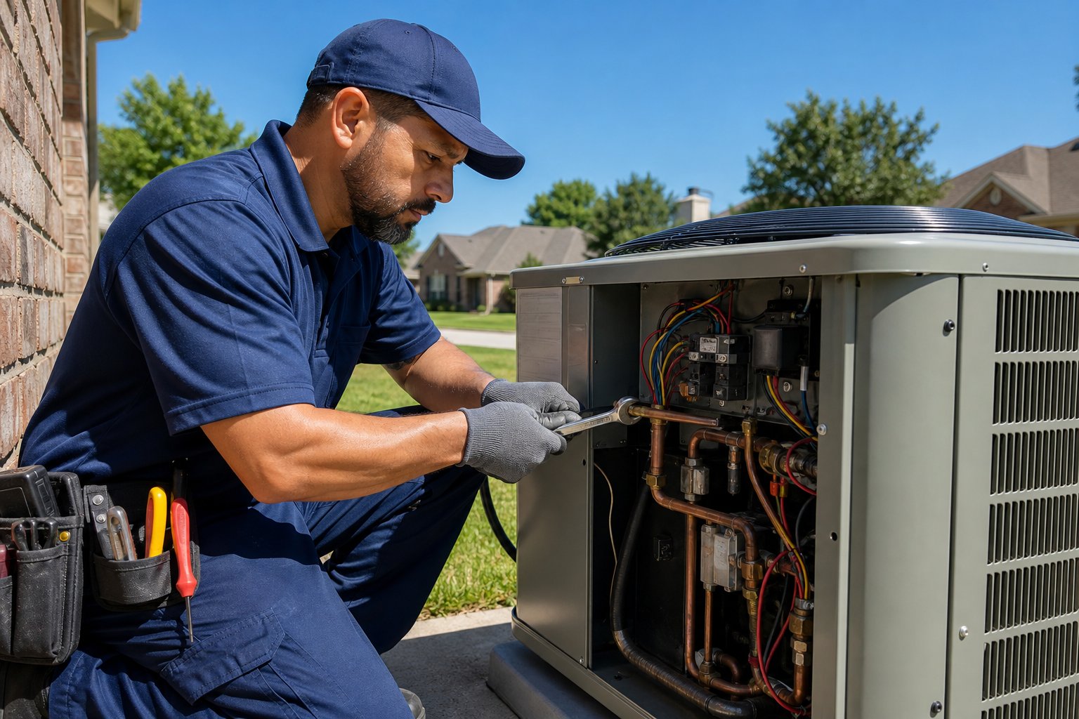 HVAC technician repairing an air conditioning unit outside a suburban home on a clear day.