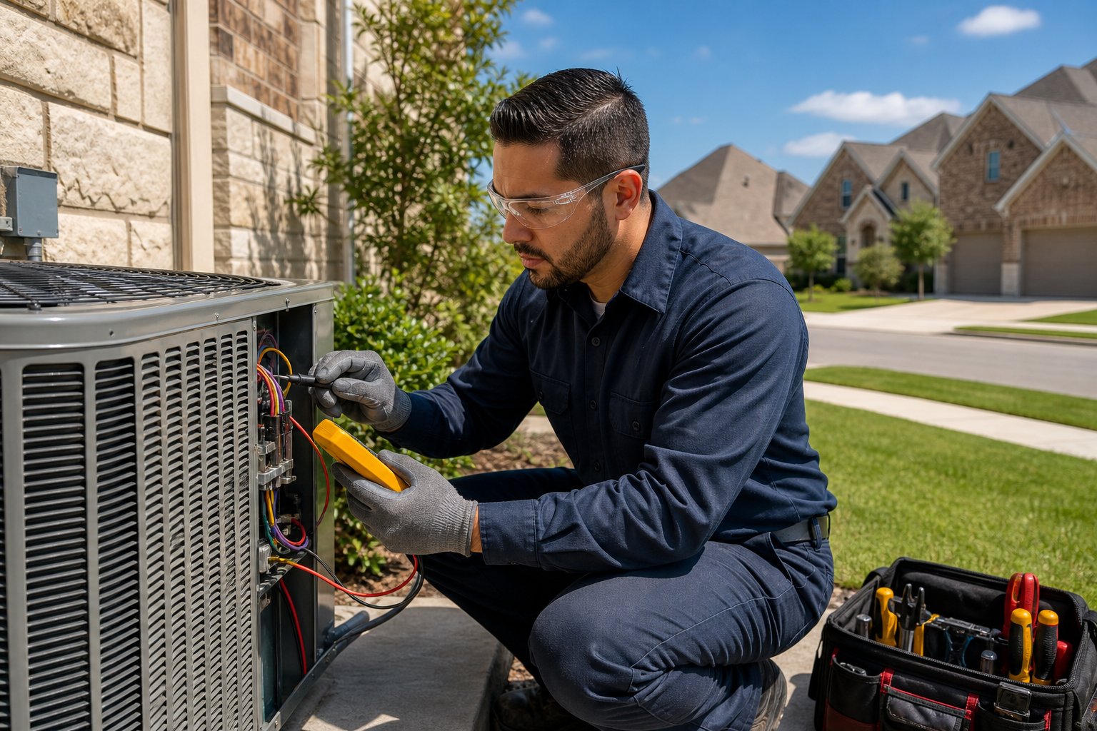 HVAC technician repairing an air conditioning unit outside a suburban home.