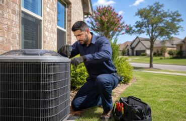 Technician installing an air conditioning unit outside a suburban home in North Richland Hills, Texas.