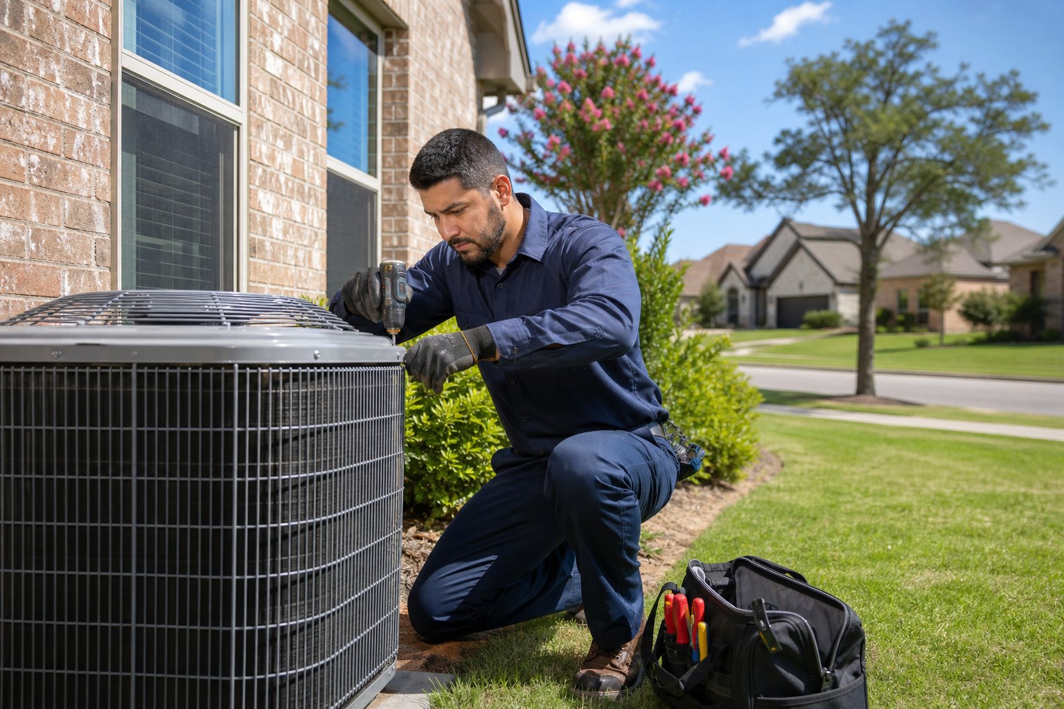 Technician installing an air conditioning unit outside a suburban home in North Richland Hills, Texas.