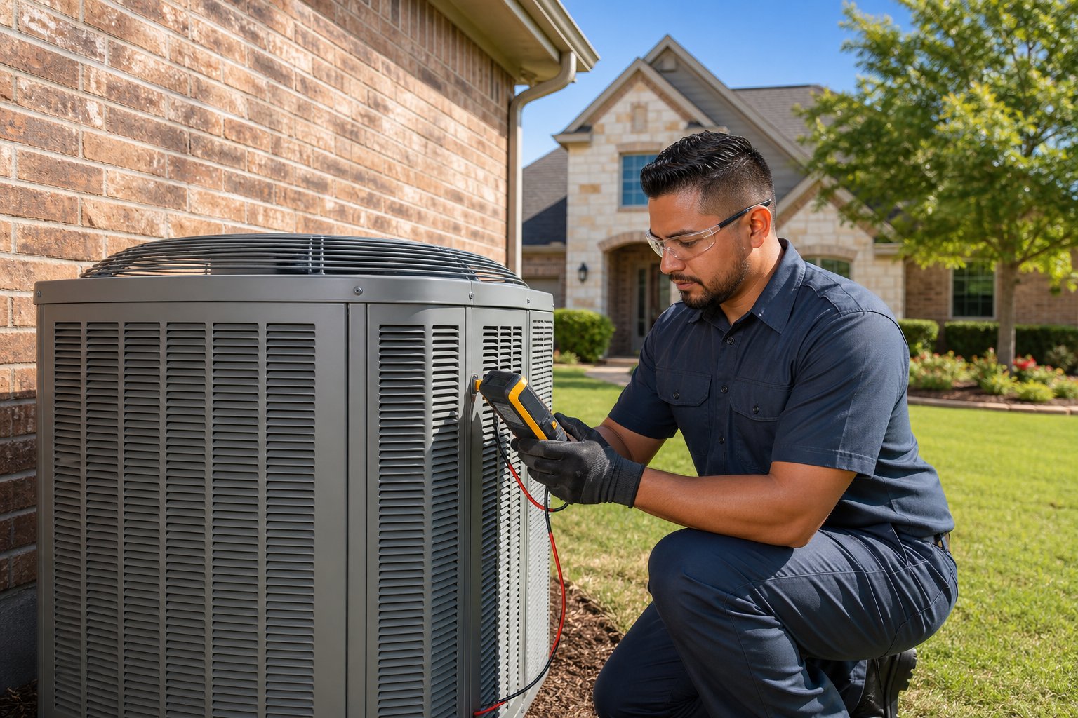 A technician in uniform inspecting an outdoor residential HVAC unit next to a suburban home on a sunny day.