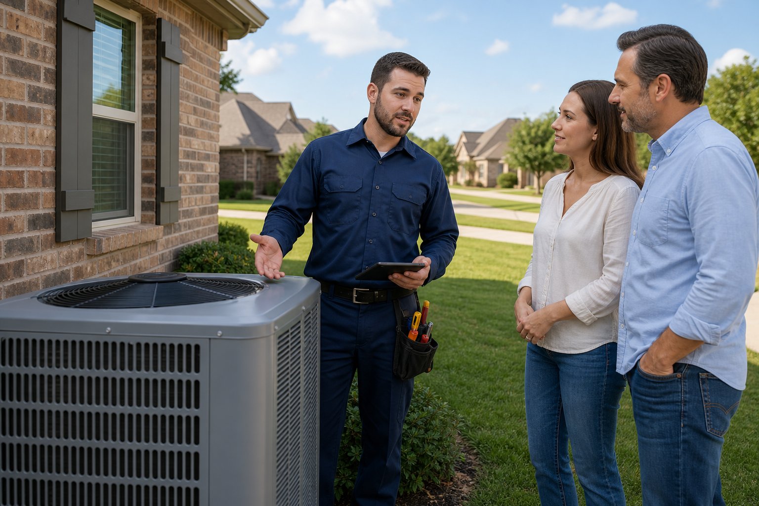 An HVAC technician inspecting a modern HVAC unit outside a suburban home in North Richland Hills, Texas.