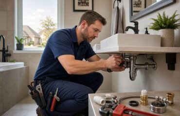A plumber in a navy uniform tightening pipes under a bathroom sink in a well-lit residential bathroom.