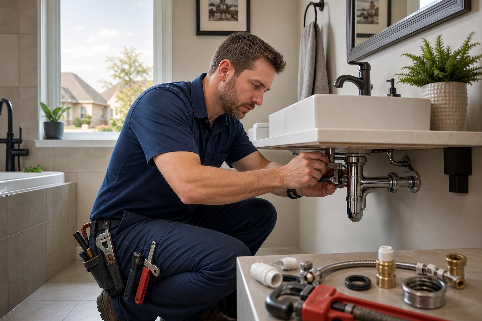 A plumber in a navy uniform tightening pipes under a bathroom sink in a well-lit residential bathroom.