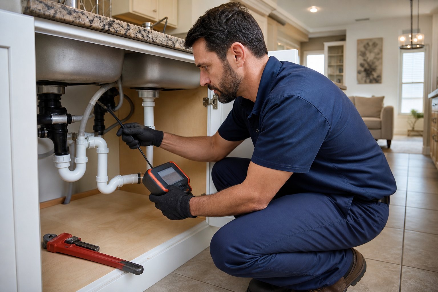 A plumber inspecting pipes under a kitchen sink using leak detection equipment in a residential home.
